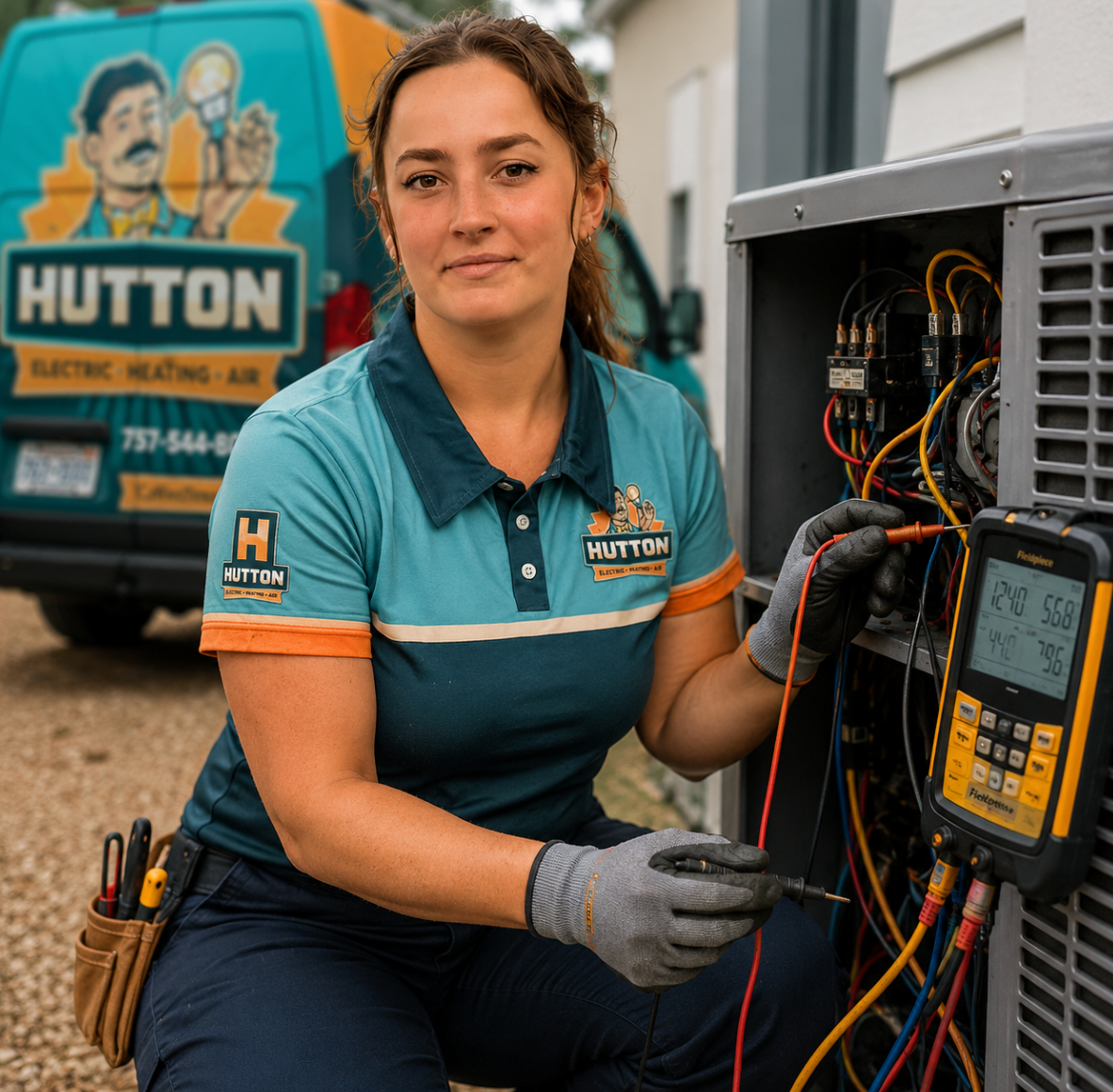 Hutton technician testing an outdoor air-conditioning system beside a Hutton service vehicle